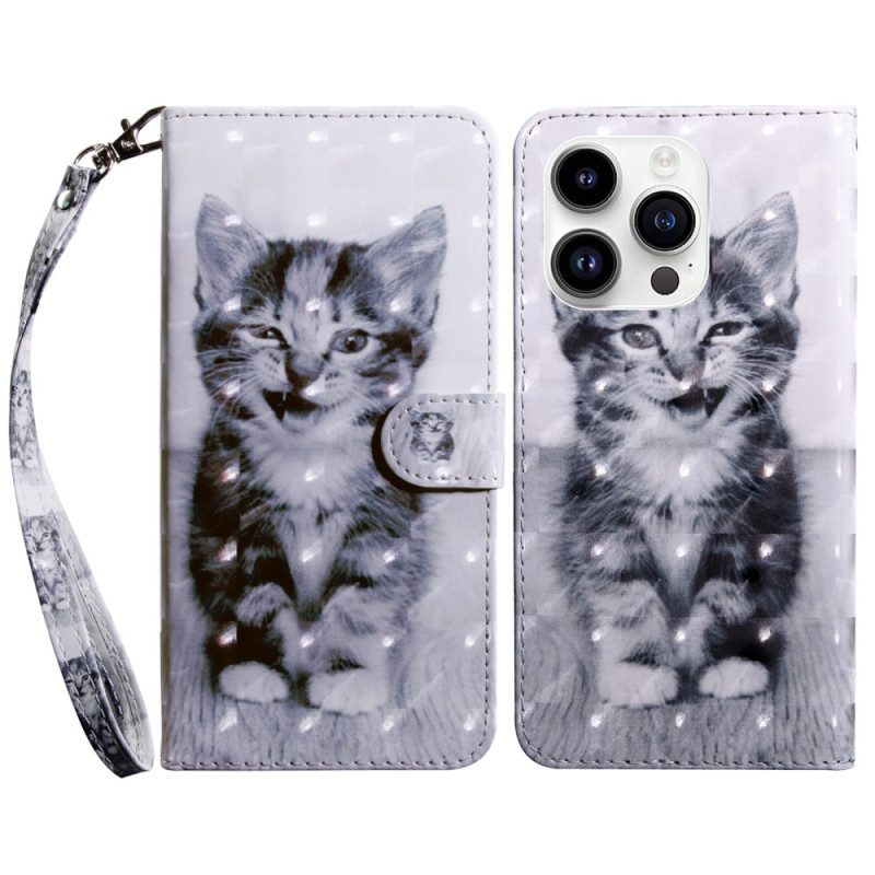 Custodia in pelle iPhone 15 Pro Gattino Con Cinturino