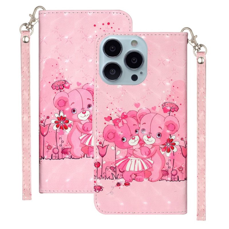 Custodia in pelle iPhone 15 Pro Orsetti Di Peluche 3d Con Cinturino