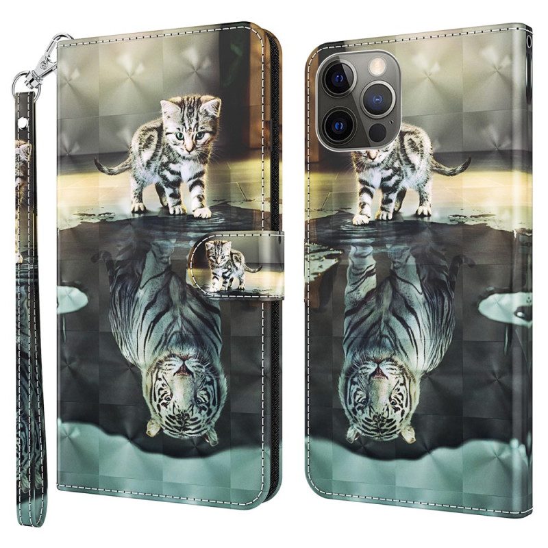 Custodia in pelle iPhone 15 Pro Sogno Di Gattino 3d Con Cinturino