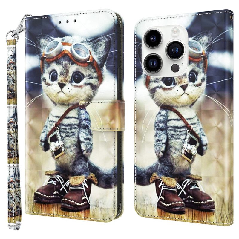 Folio Cover iPhone 15 Pro Gatto Aviatore Con Cinturino