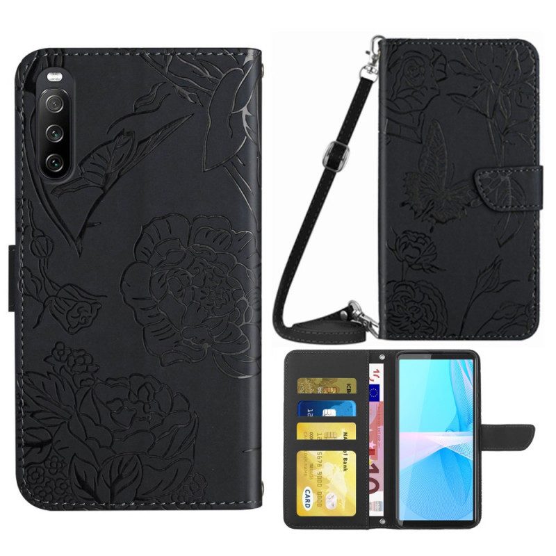 Custodia in pelle Sony Xperia 10 IV Farfalle Con Tracolla