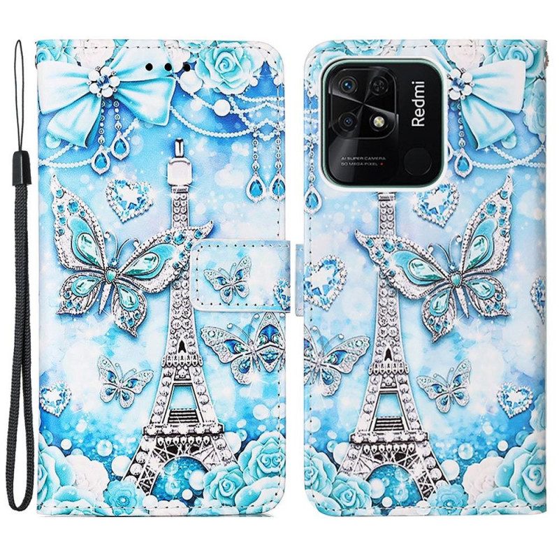 Custodia A Portafoglio Xiaomi Redmi 10C Cinturino Con Diamanti Torre Eiffel