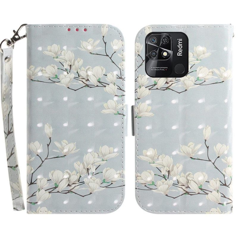 Custodia A Portafoglio Xiaomi Redmi 10C Fiori Bianchi Strappy