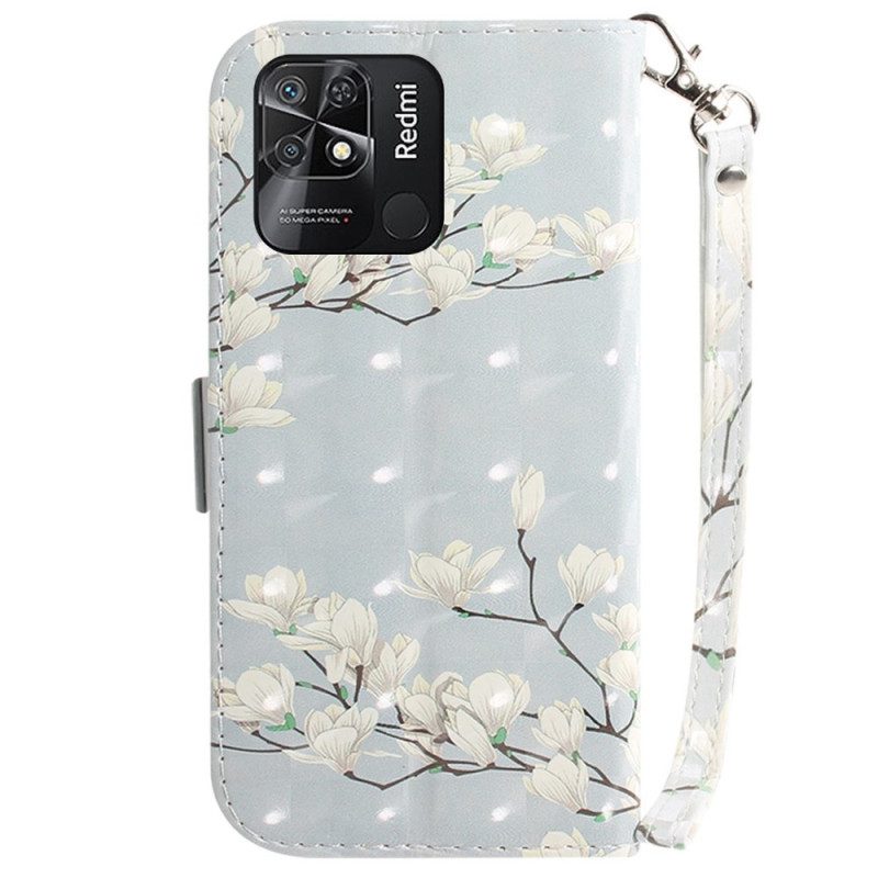 Custodia A Portafoglio Xiaomi Redmi 10C Fiori Bianchi Strappy