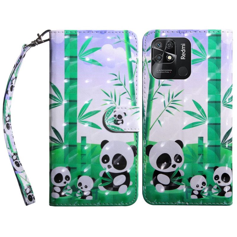 Custodia in pelle Xiaomi Redmi 10C Cordino Famiglia Panda