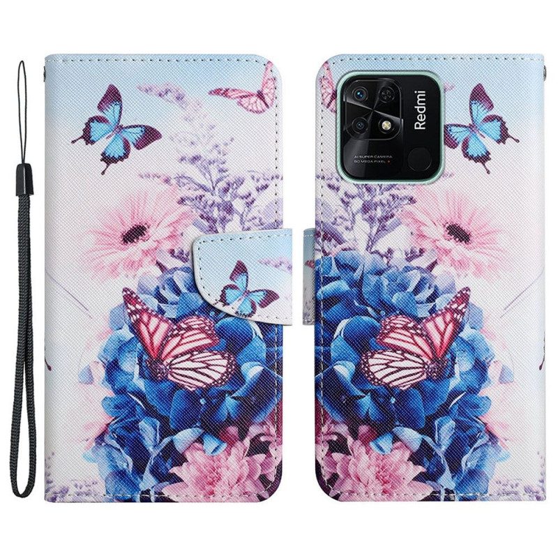 Custodia in pelle Xiaomi Redmi 10C Fantasia Floreale Con Spalline