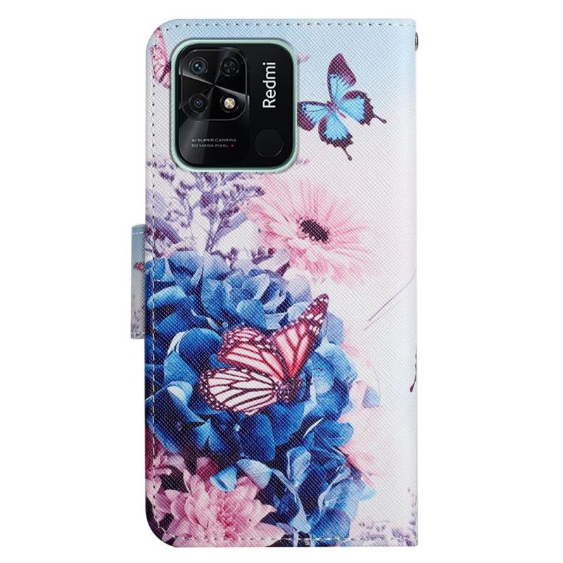 Custodia in pelle Xiaomi Redmi 10C Fantasia Floreale Con Spalline