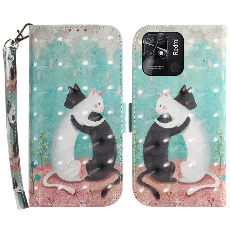 Custodia in pelle Xiaomi Redmi 10C Gatto Bianco Gatto Nero Con Cinturino