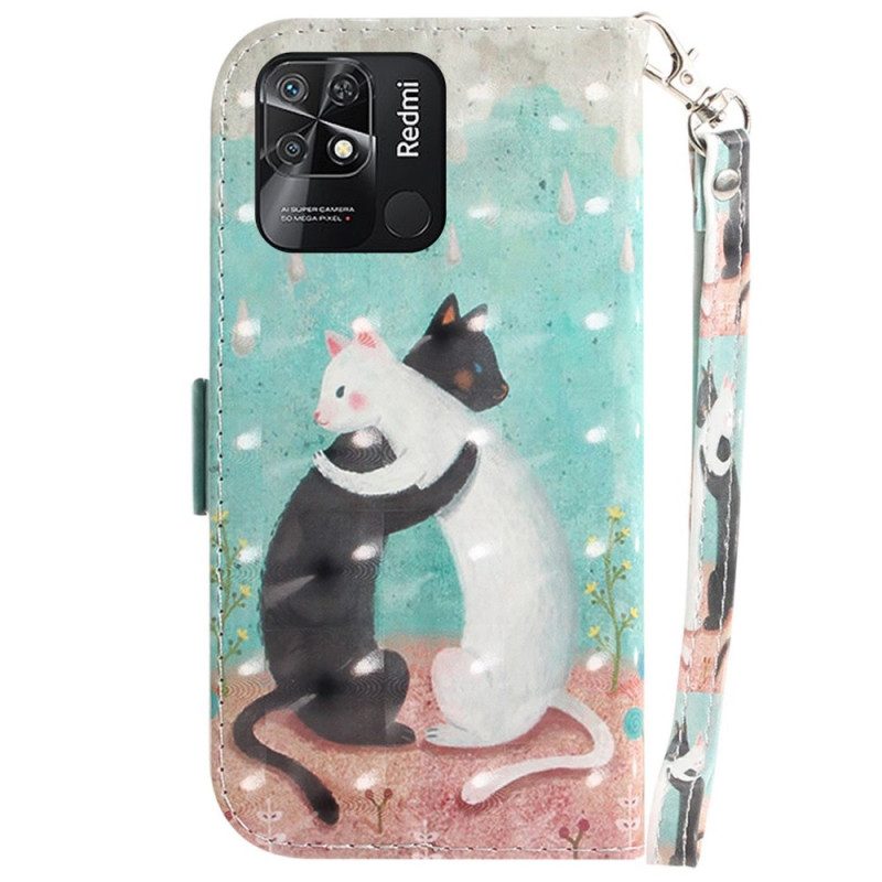 Custodia in pelle Xiaomi Redmi 10C Gatto Bianco Gatto Nero Con Cinturino