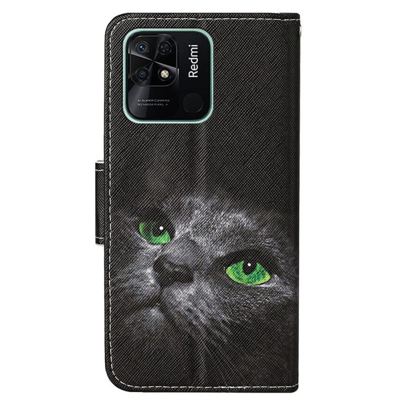 Custodia in pelle Xiaomi Redmi 10C Gatto Dagli Occhi Verdi In Cinturino