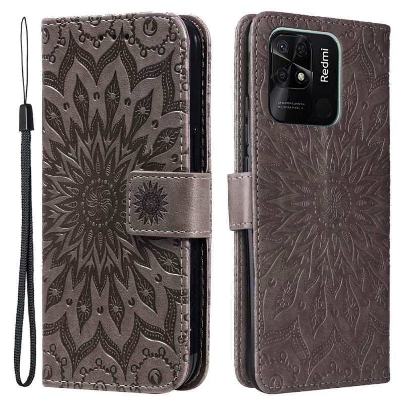 Custodia in pelle Xiaomi Redmi 10C Mandala Sole Con Cordino