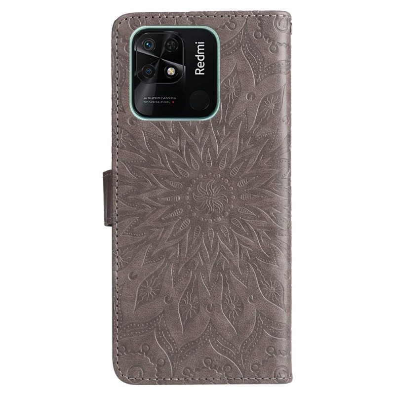 Custodia in pelle Xiaomi Redmi 10C Mandala Sole Con Cordino