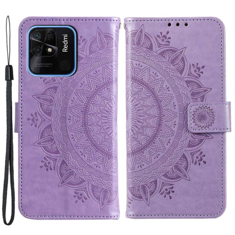 Custodia in pelle Xiaomi Redmi 10C Mandala Sole Con Cordino