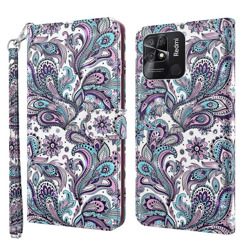 Custodia in pelle Xiaomi Redmi 10C Motivo Paisley Con Spalline