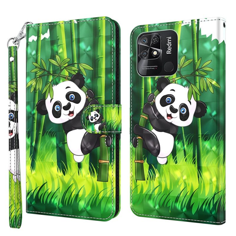 Custodia in pelle Xiaomi Redmi 10C Panda Di Bambù Con Cordino