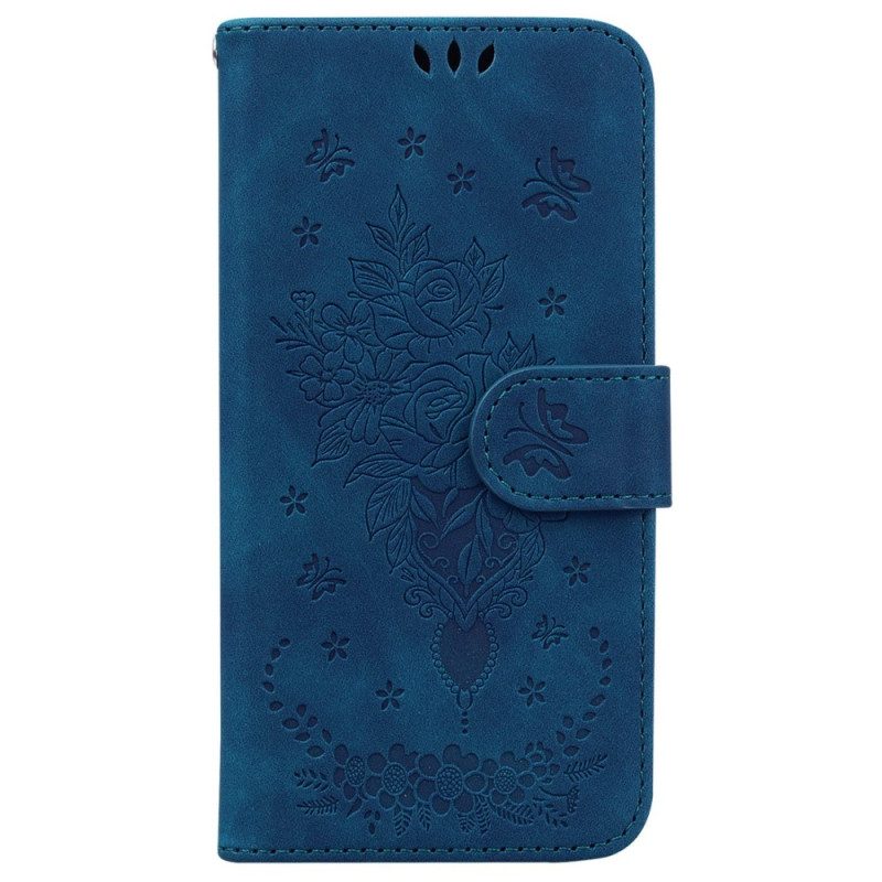 Custodia in pelle Xiaomi Redmi 10C Strappy Rose E Farfalle