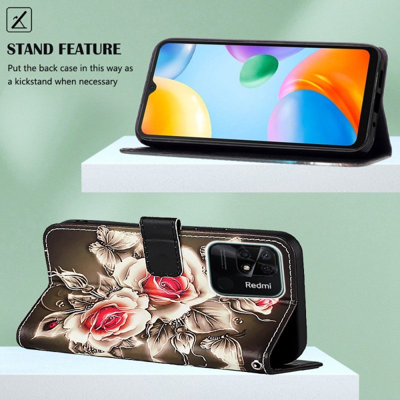 Custodia in pelle Xiaomi Redmi 10C Variazione Floreale Con Cinturino