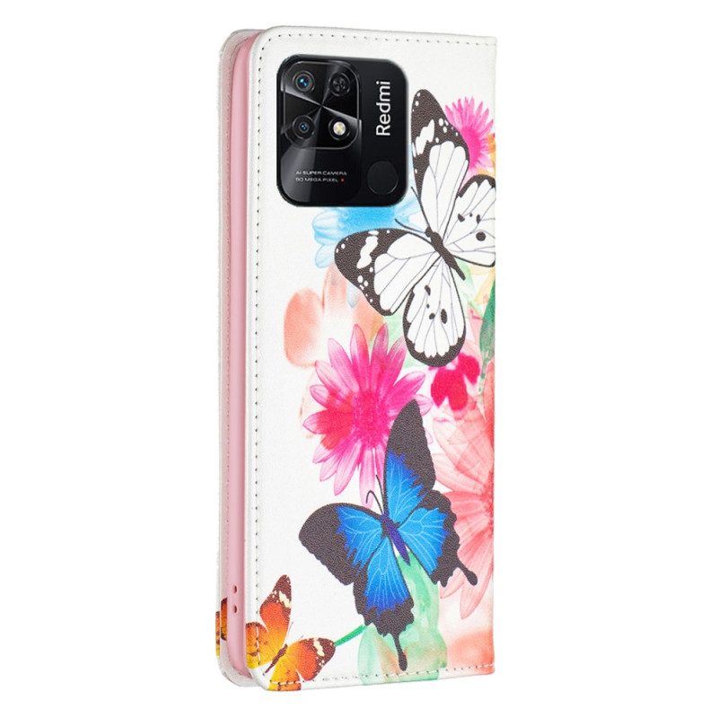 Folio Cover Xiaomi Redmi 10C Custodia in pelle Farfalle