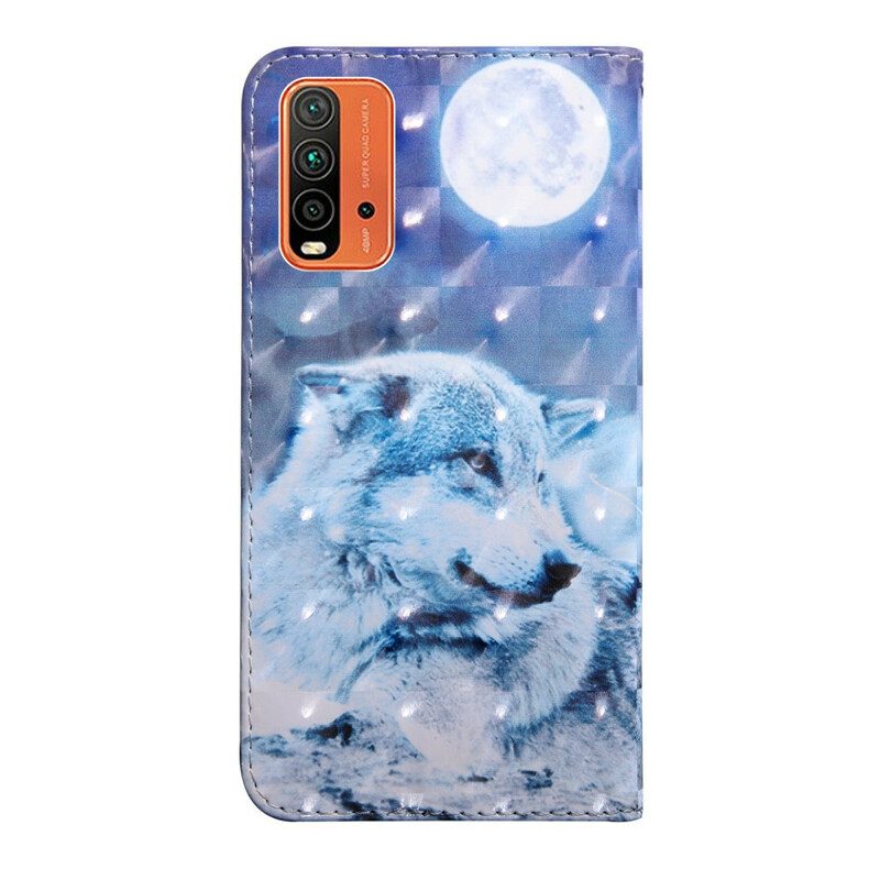 Custodia in pelle Xiaomi Redmi 9T Lupo Al Chiaro Di Luna