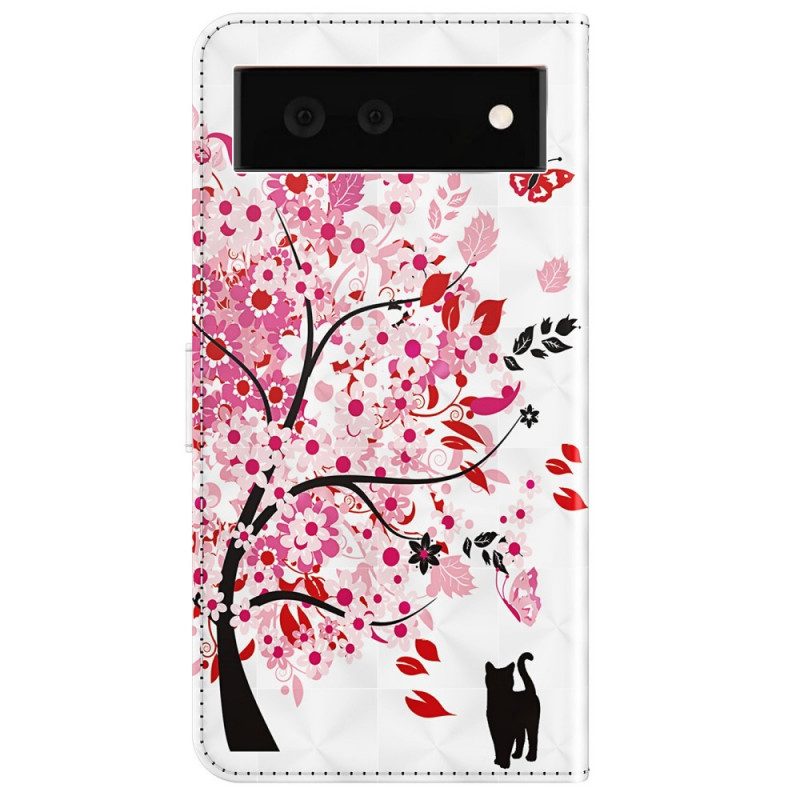 Custodia in pelle Google Pixel 6A Albero E Gatto Strappy