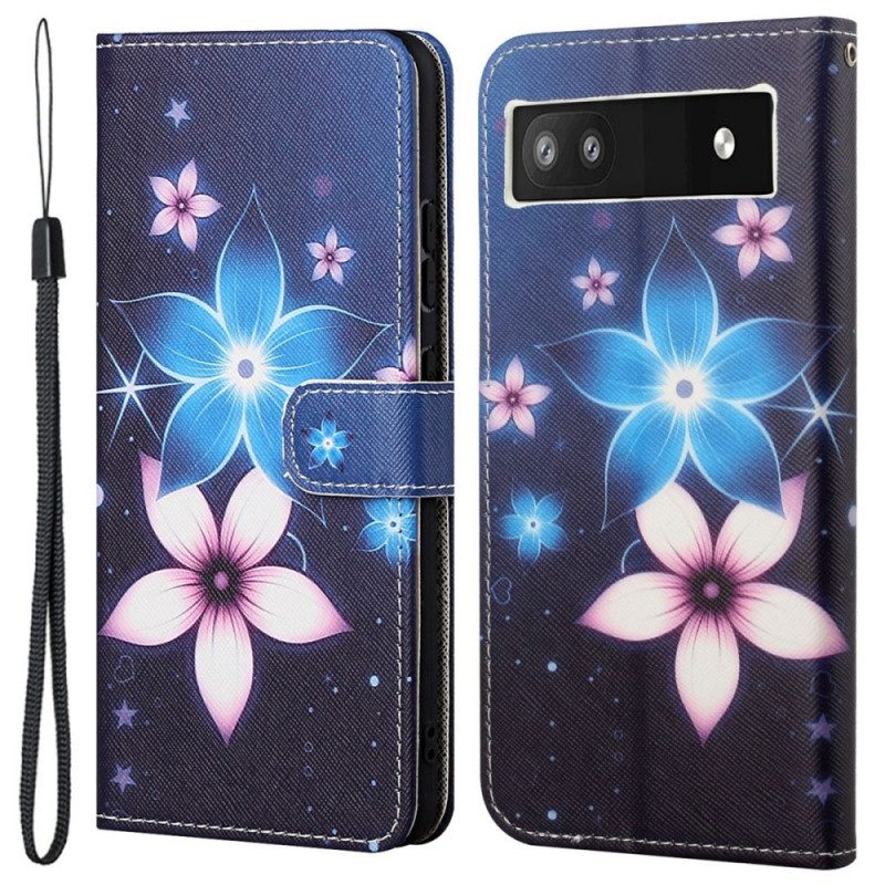 Custodia in pelle Google Pixel 6A Cinturino Lunare Fiori