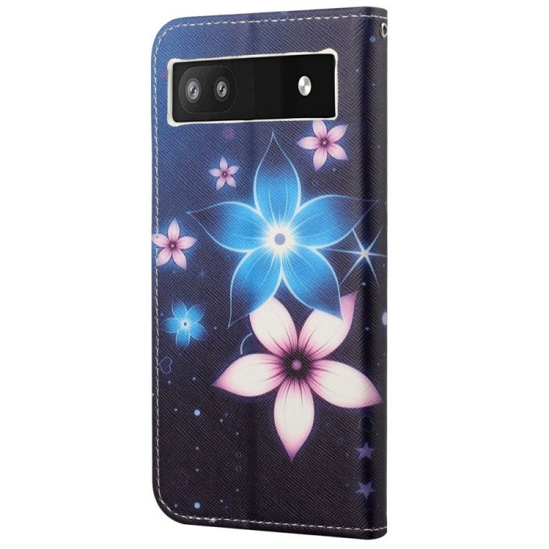 Custodia in pelle Google Pixel 6A Cinturino Lunare Fiori