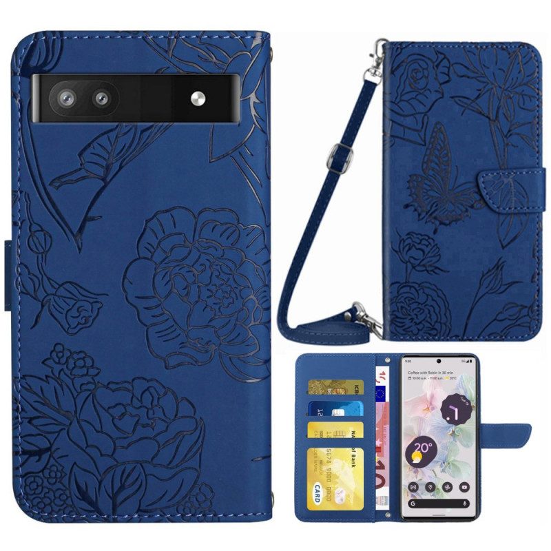 Custodia in pelle Google Pixel 6A Farfalle Con Tracolla