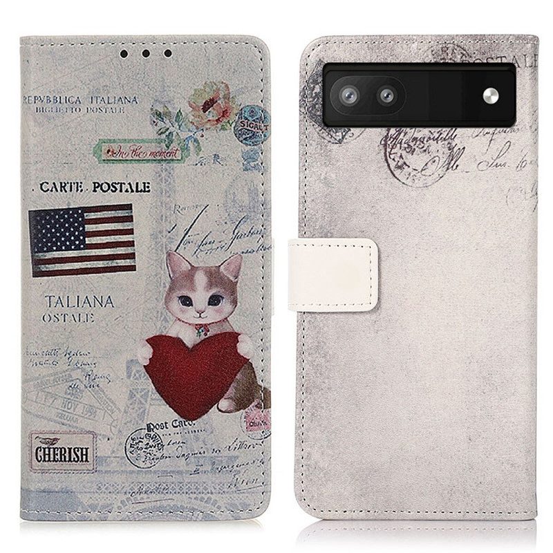 Custodia in pelle Google Pixel 6A Gatto Viaggiatore