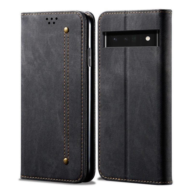 Folio Cover Google Pixel 6A Custodia in pelle Tessuto Denim