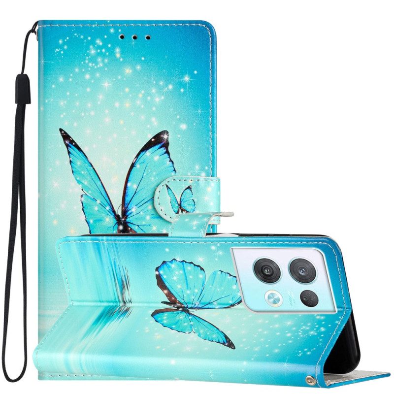 Custodia in pelle Oppo Reno 8 Pro Farfalle Blu Con Cinturino