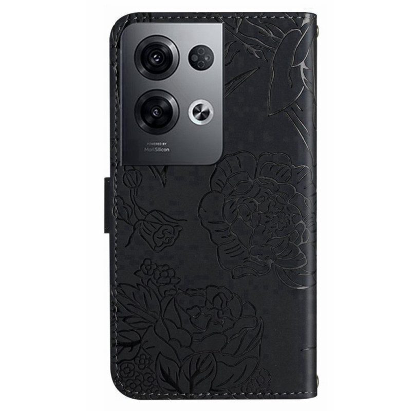 Custodia in pelle Oppo Reno 8 Pro Farfalle Con Cordino