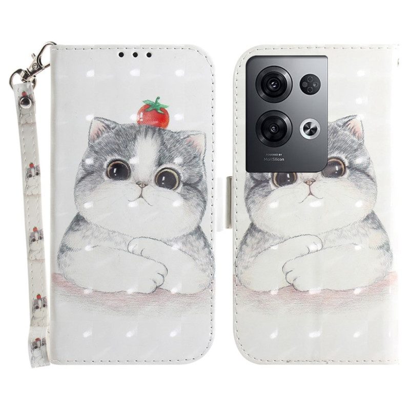 Custodia in pelle Oppo Reno 8 Pro Gatto Con Cordino