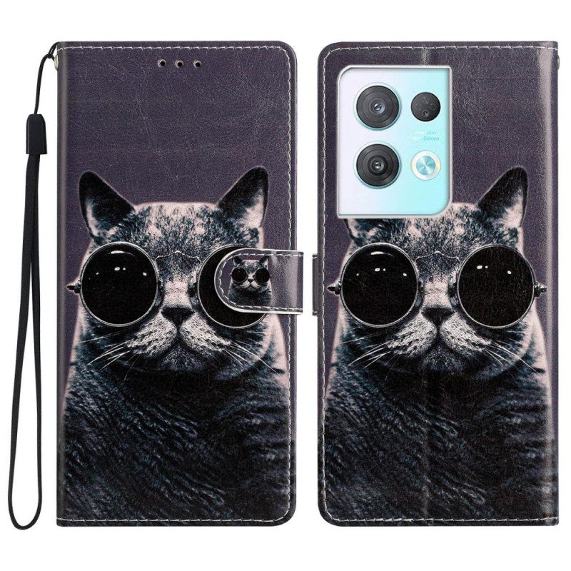 Custodia in pelle Oppo Reno 8 Pro Occhiali Con Cinturino Da Gatto