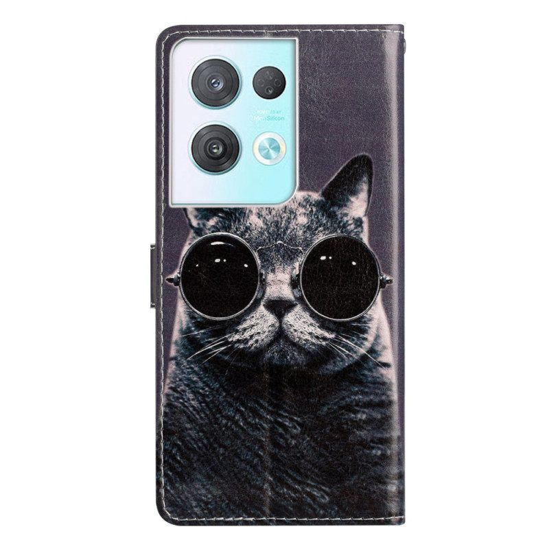 Custodia in pelle Oppo Reno 8 Pro Occhiali Con Cinturino Da Gatto