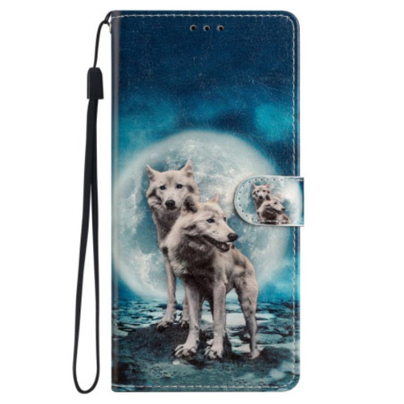 Custodia A Portafoglio iPhone 15 Lupi Sotto La Luna Lanyard