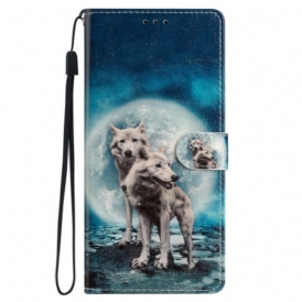 Custodia A Portafoglio iPhone 15 Lupi Sotto La Luna Lanyard