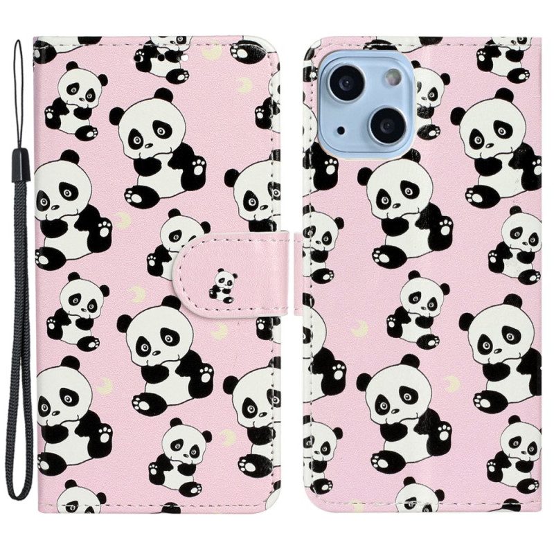 Custodia A Portafoglio iPhone 15 Piccoli Panda Con Cinturino