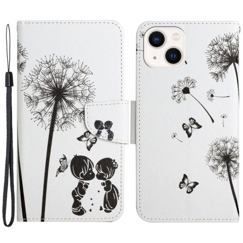 Custodia in pelle iPhone 15 Amore Tarassaco Con Cinturino