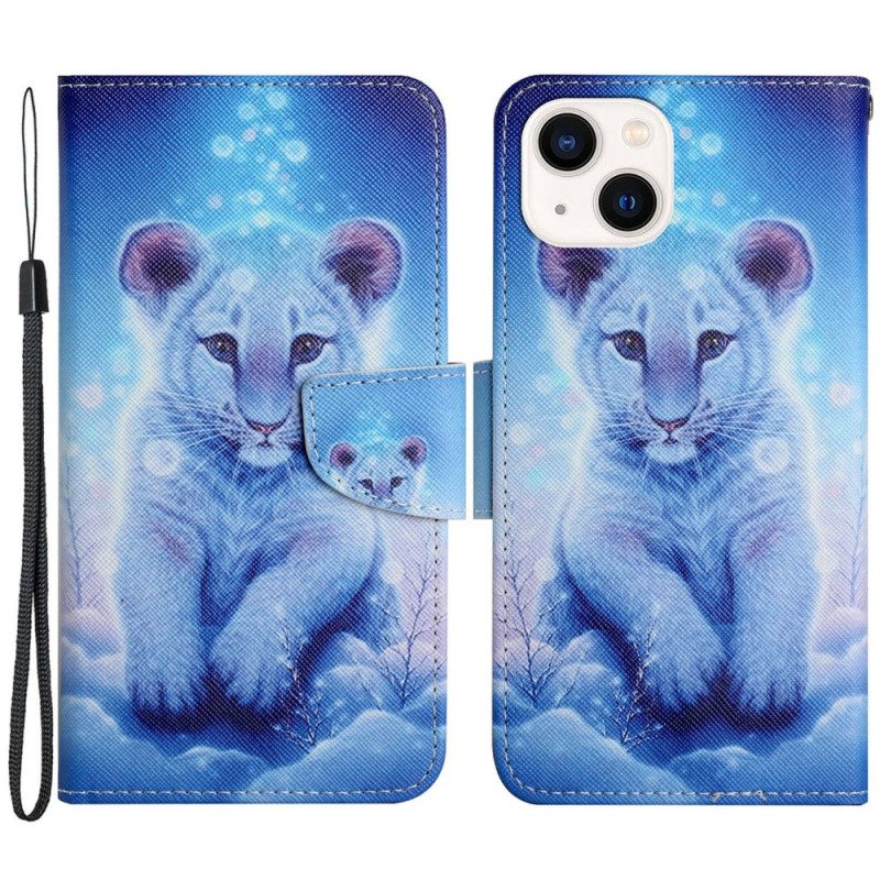 Custodia in pelle iPhone 15 Baby Leopardo Con Cinturino