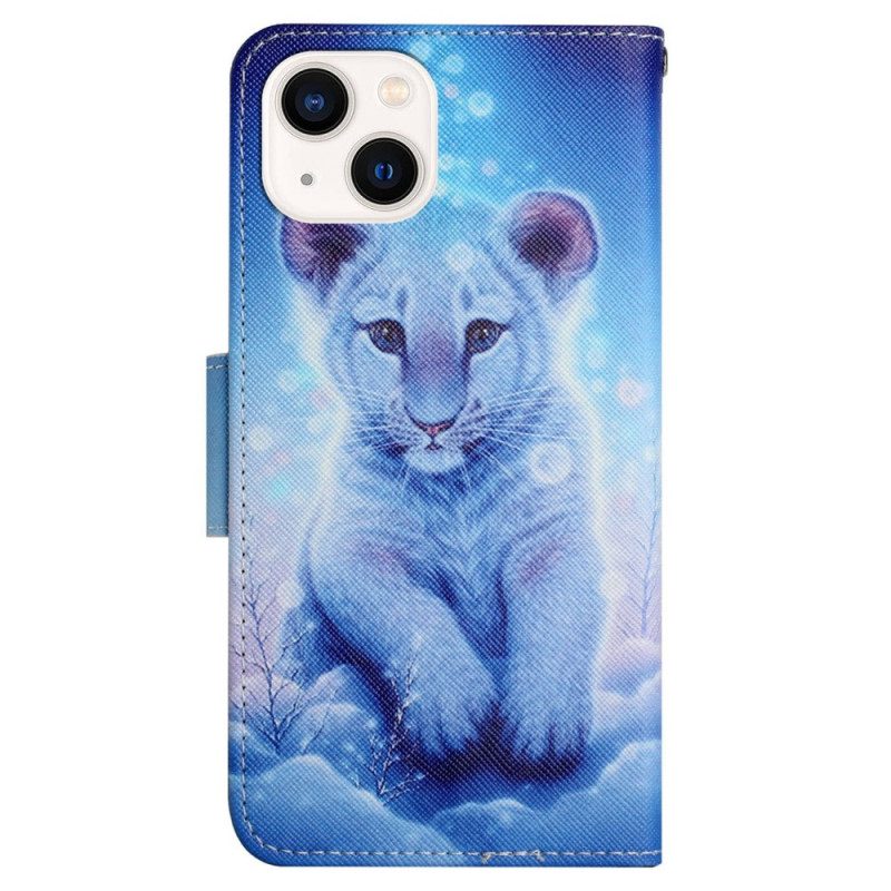 Custodia in pelle iPhone 15 Baby Leopardo Con Cinturino