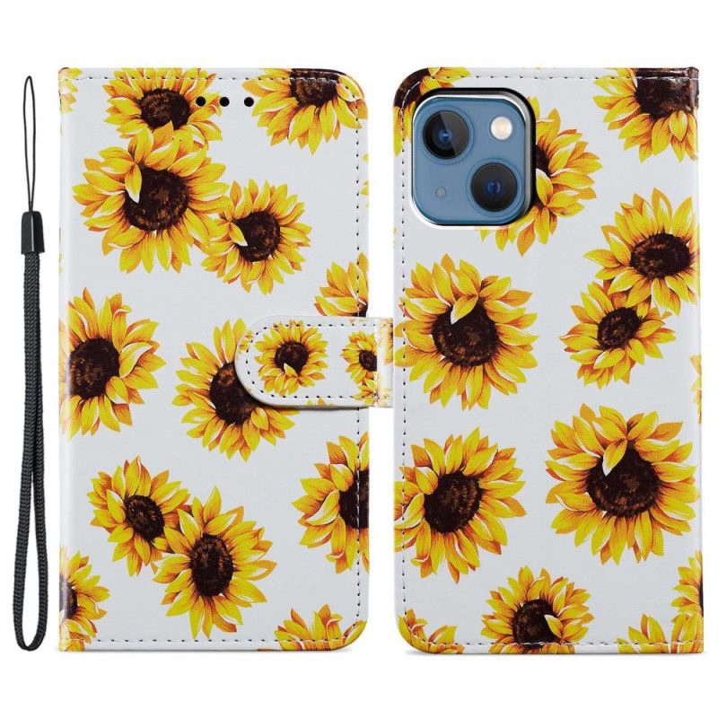 Custodia in pelle iPhone 15 Cinturino Girasoli