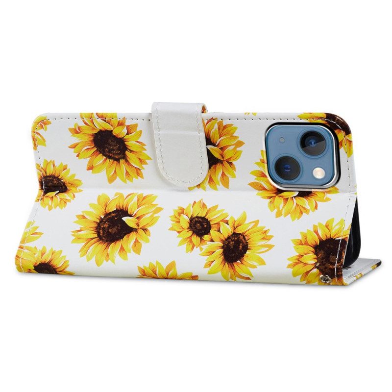 Custodia in pelle iPhone 15 Cinturino Girasoli