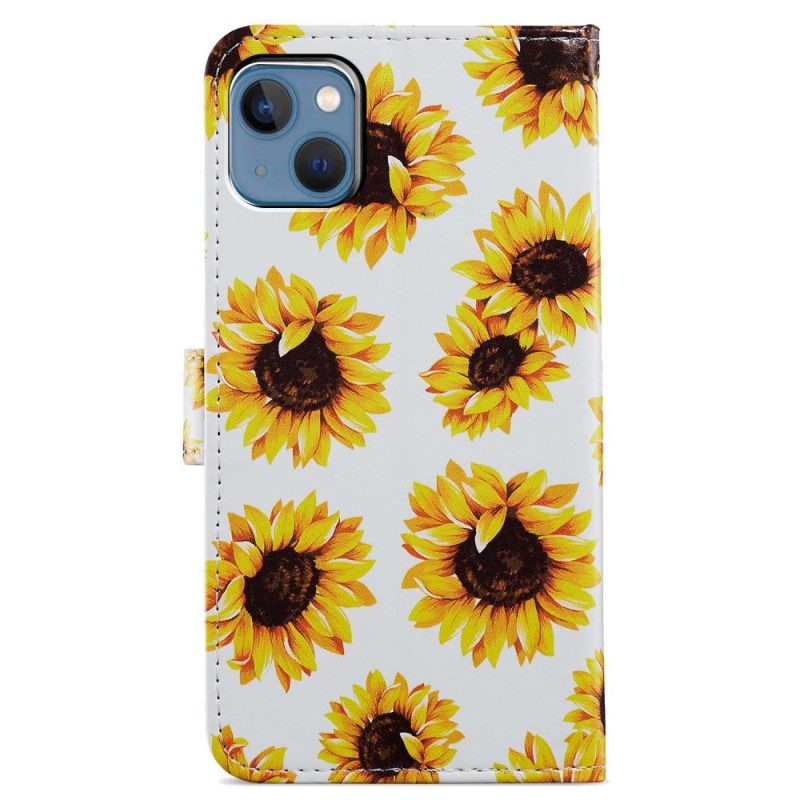 Custodia in pelle iPhone 15 Cinturino Girasoli