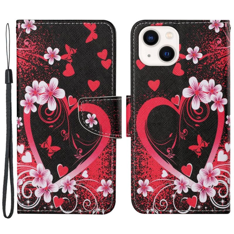 Custodia in pelle iPhone 15 Cuori Con Cordino