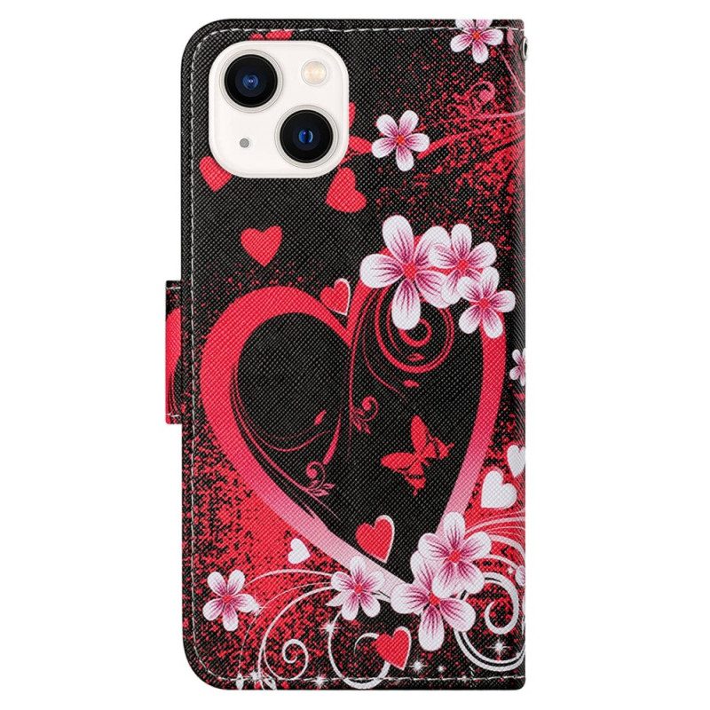 Custodia in pelle iPhone 15 Cuori Con Cordino