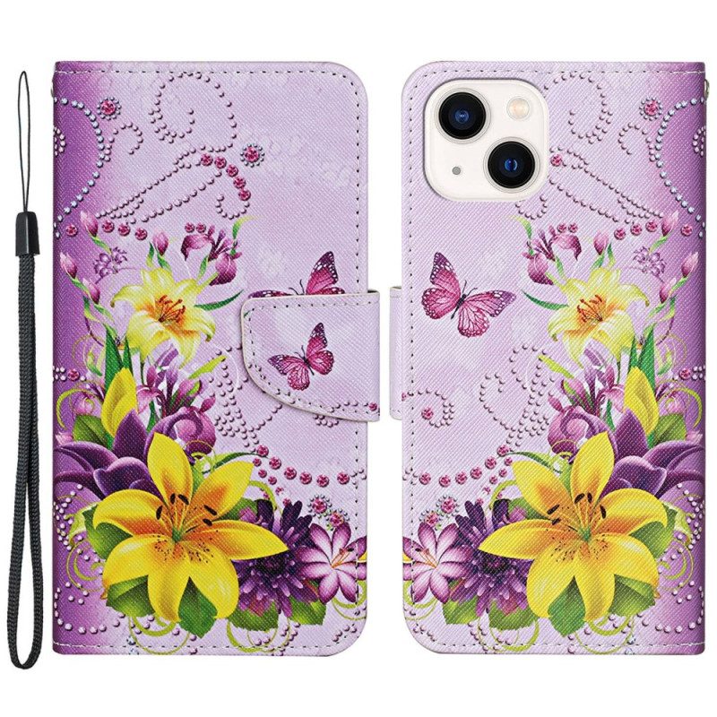 Custodia in pelle iPhone 15 Farfalle E Fiori Con Cinturino