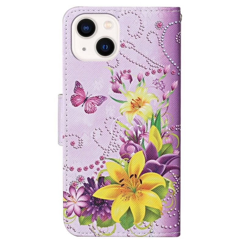 Custodia in pelle iPhone 15 Farfalle E Fiori Con Cinturino