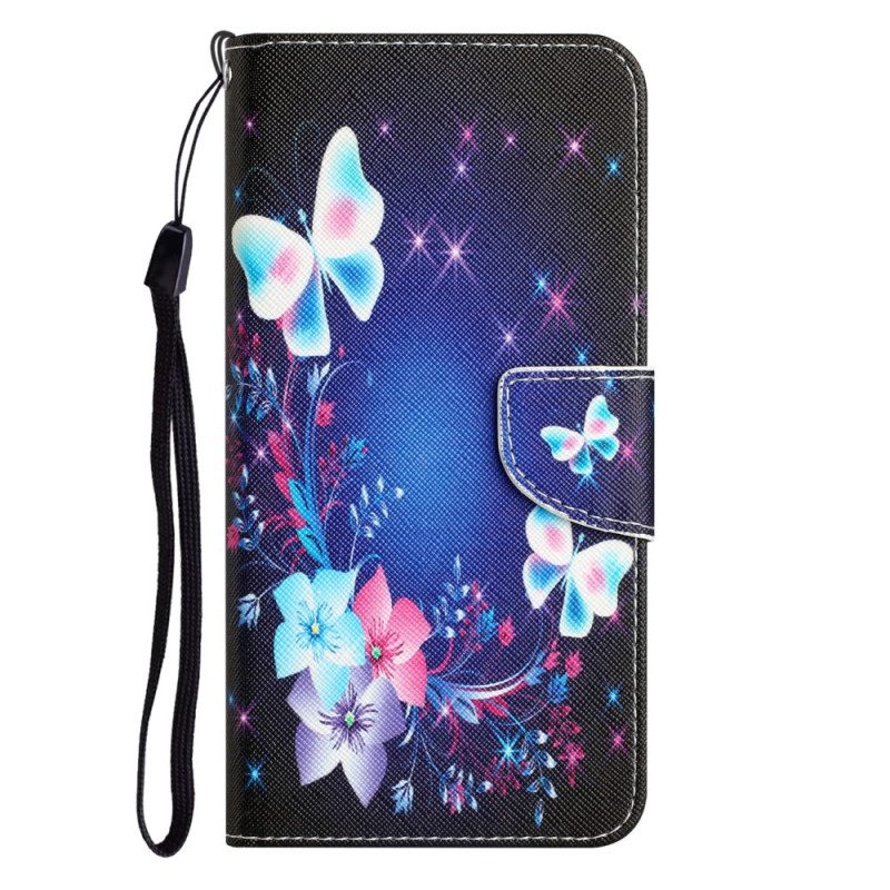 Custodia in pelle iPhone 15 Farfalle Magiche Con Cordino