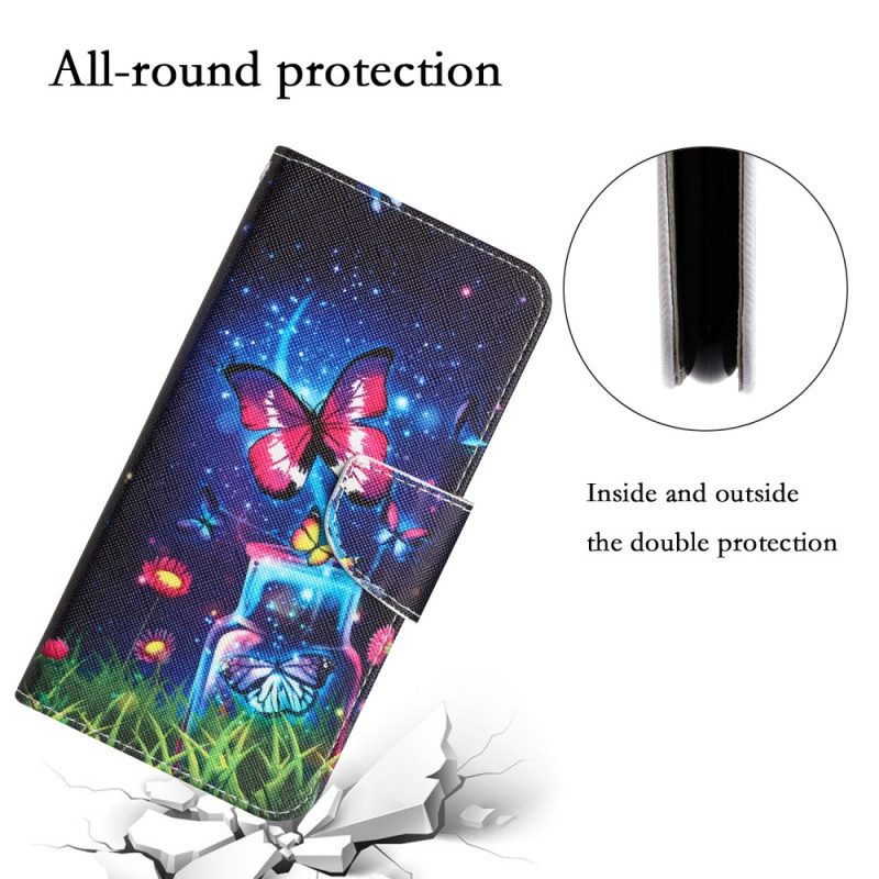 Custodia in pelle iPhone 15 Farfalle Magiche Con Cordino