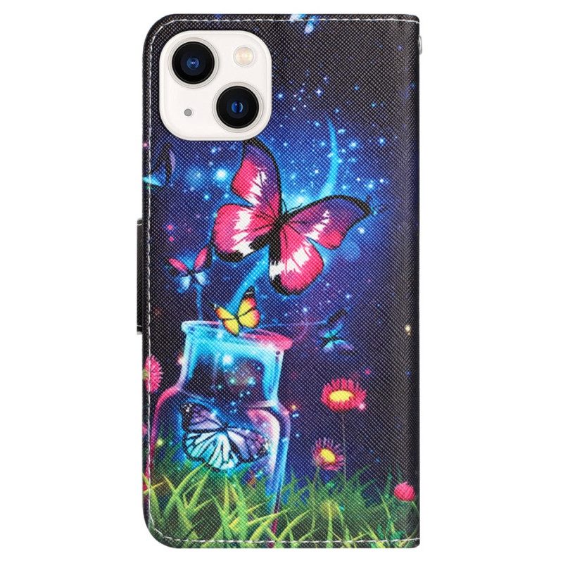 Custodia in pelle iPhone 15 Farfalle Magiche Con Cordino